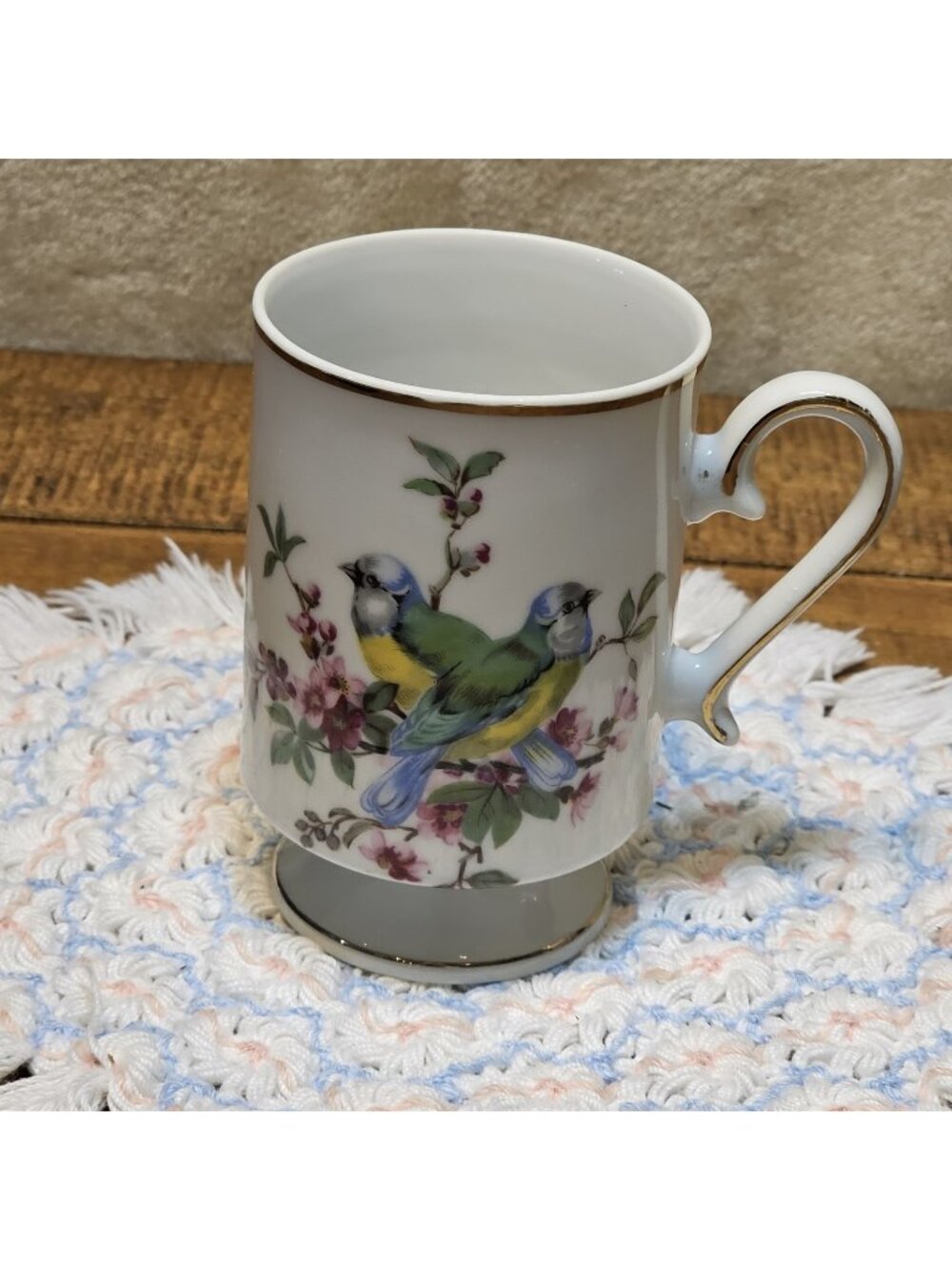 Vintage Royal Crown Pedestal Coffee Tea Mug Cup Songbirds On Flowering Branch